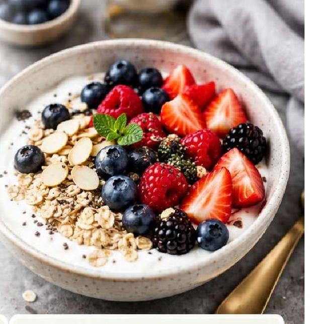 Bowl de yogur con avena y frutos del bosque